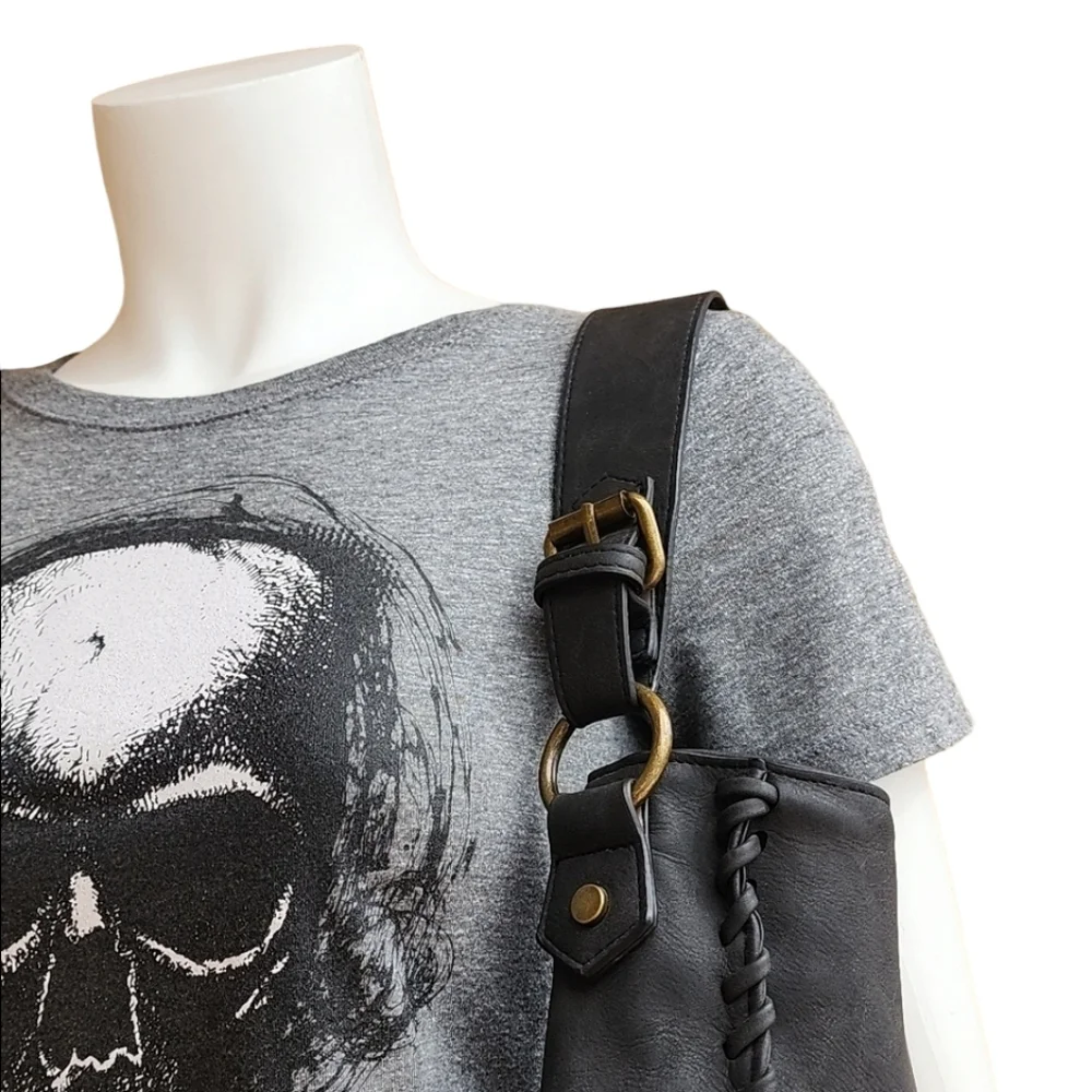 ELLE JAE GYPSET ANTHRO Black Whipstitch Studded Hobo Shoulder Bag Purse Vegan